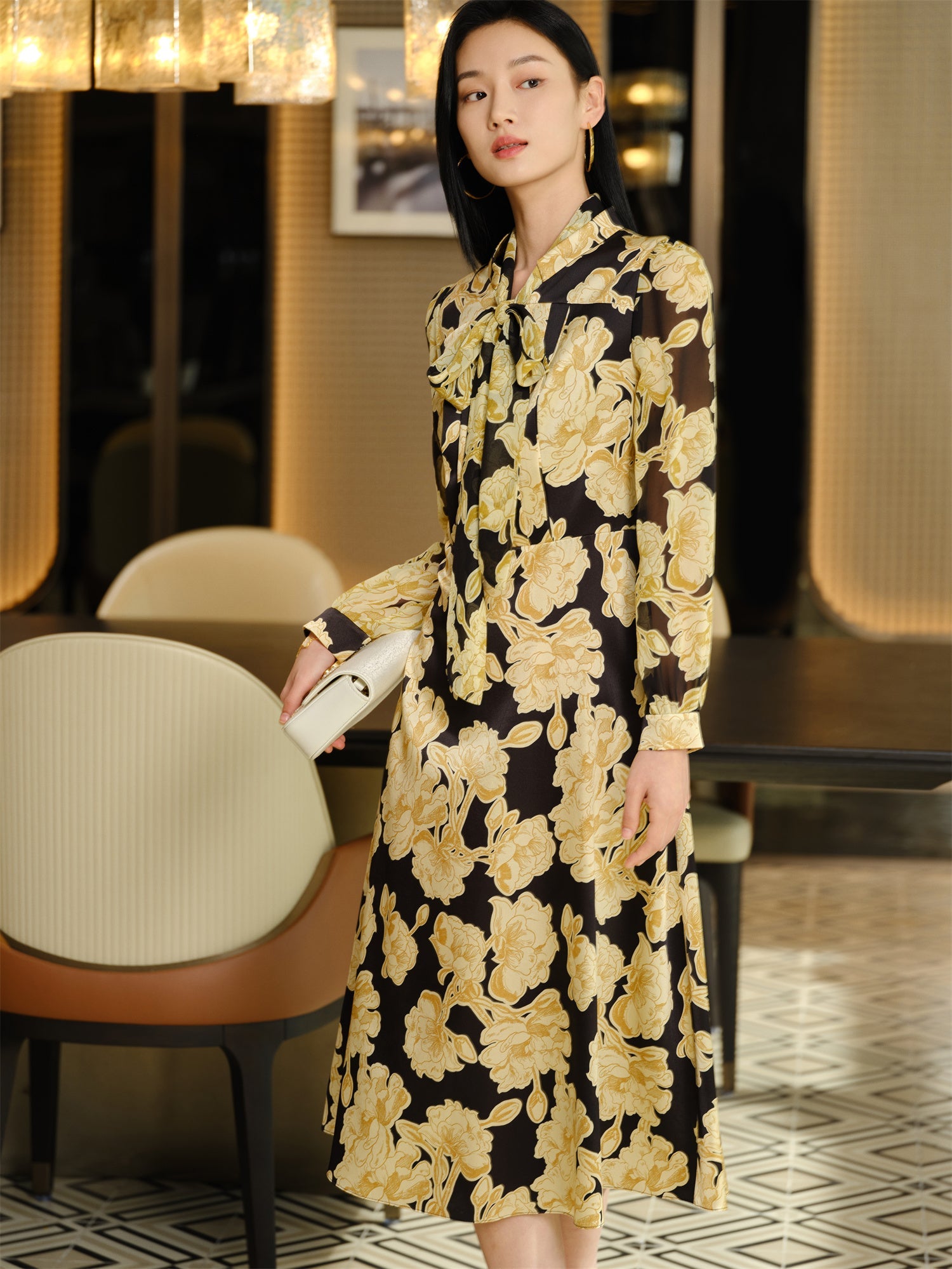 Printed Mulberry Silk Dress | Yellow