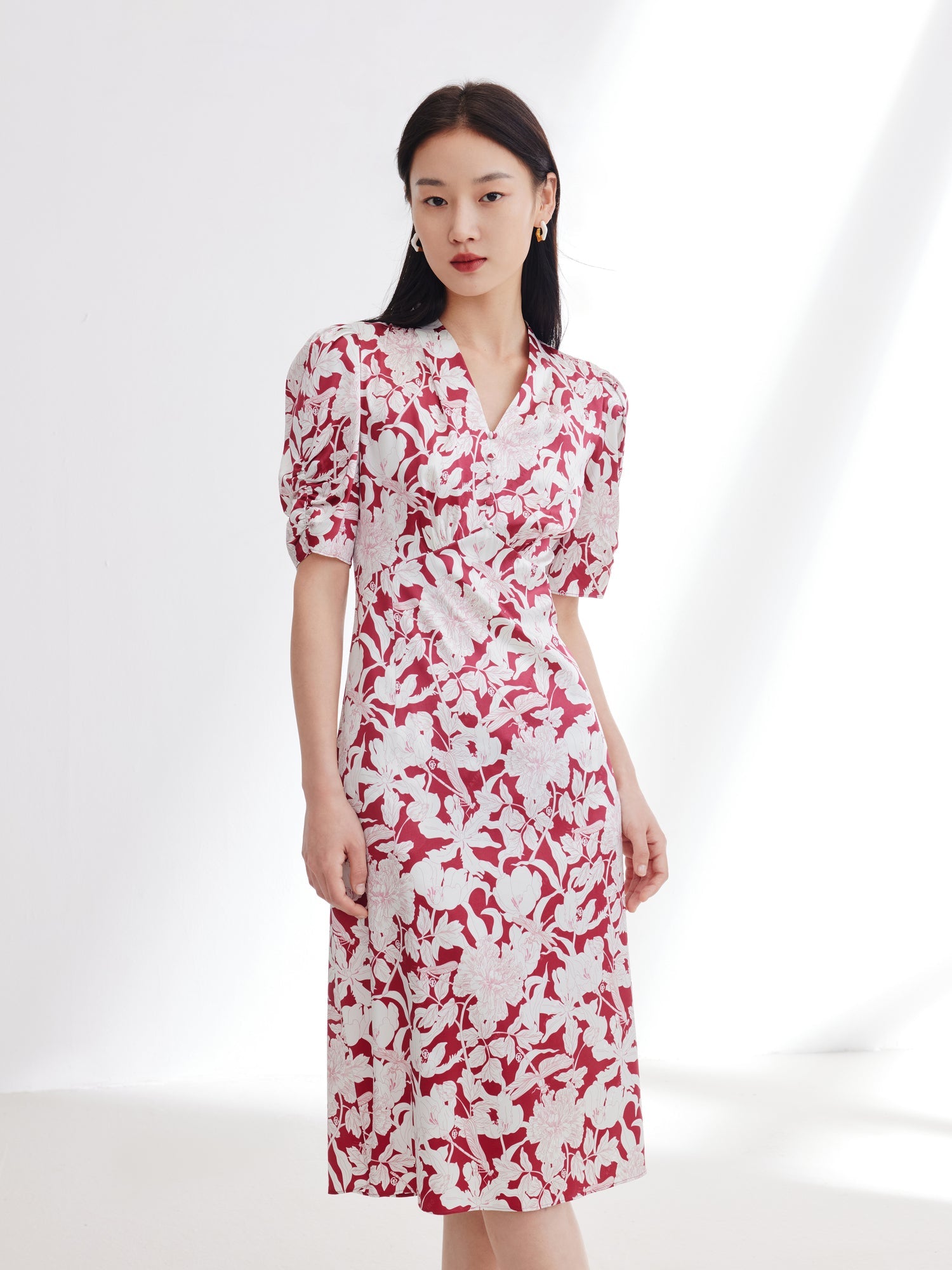 Silk Printed Waist-Cinched Dress | Red