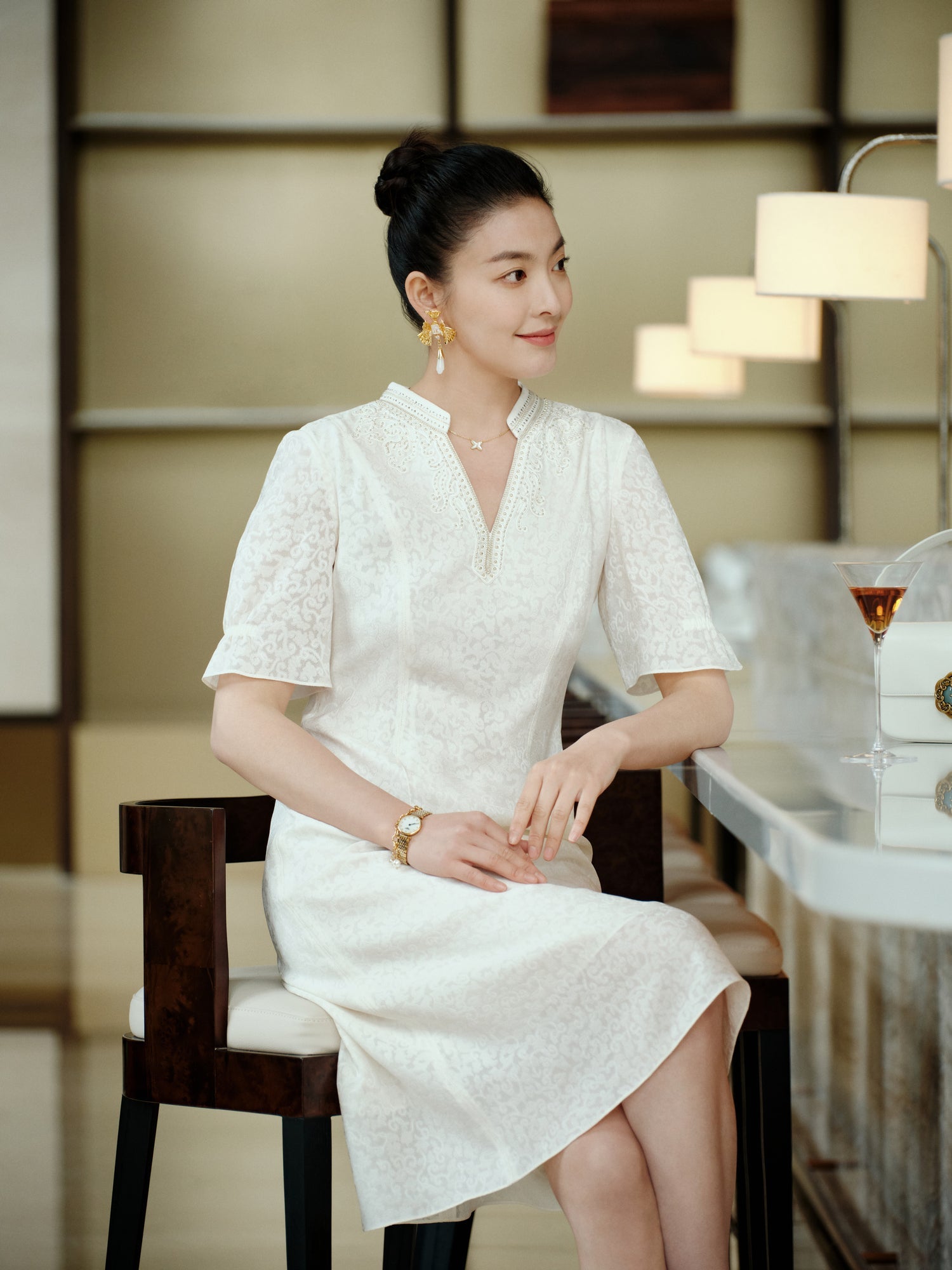 Silk Flower Brocade Dress | White