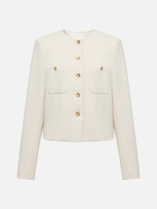 Tweed-Style Plaid Collarless Jacket | White