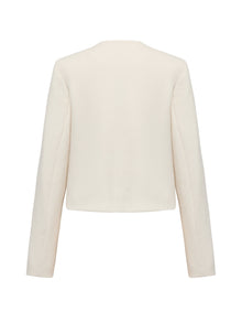 Tweed-Style Plaid Collarless Jacket | White