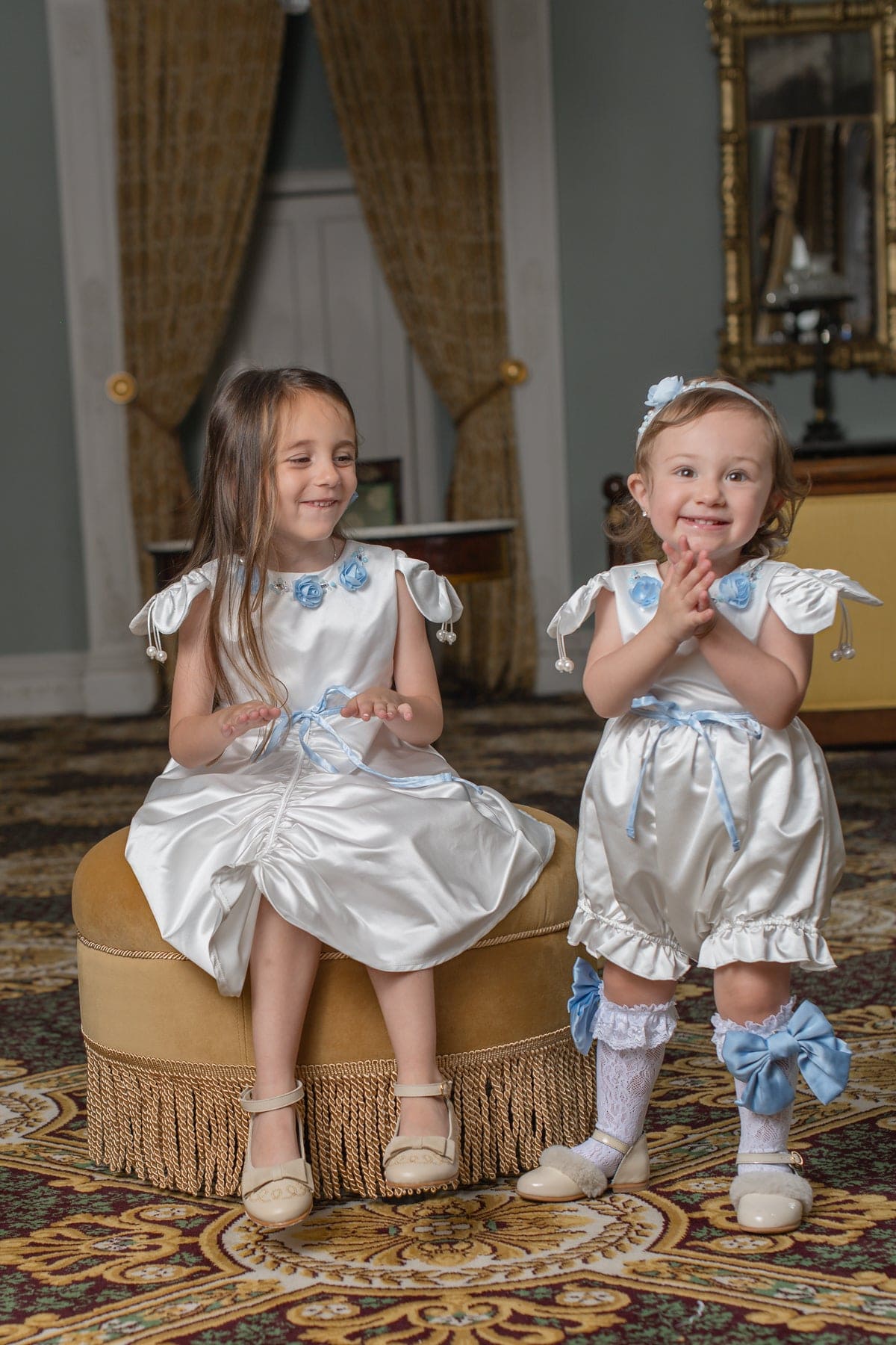 Baby Girls | Daphne Satin Romper with Embroidery | White & Blue