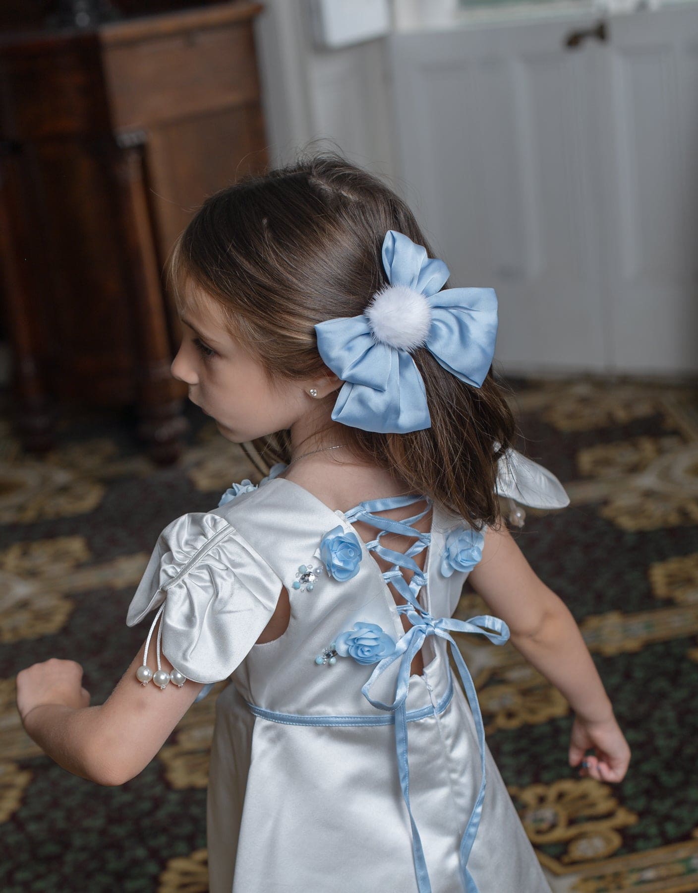 Baby Girls | Daphne Satin Dress with Embroidery | White & Blue