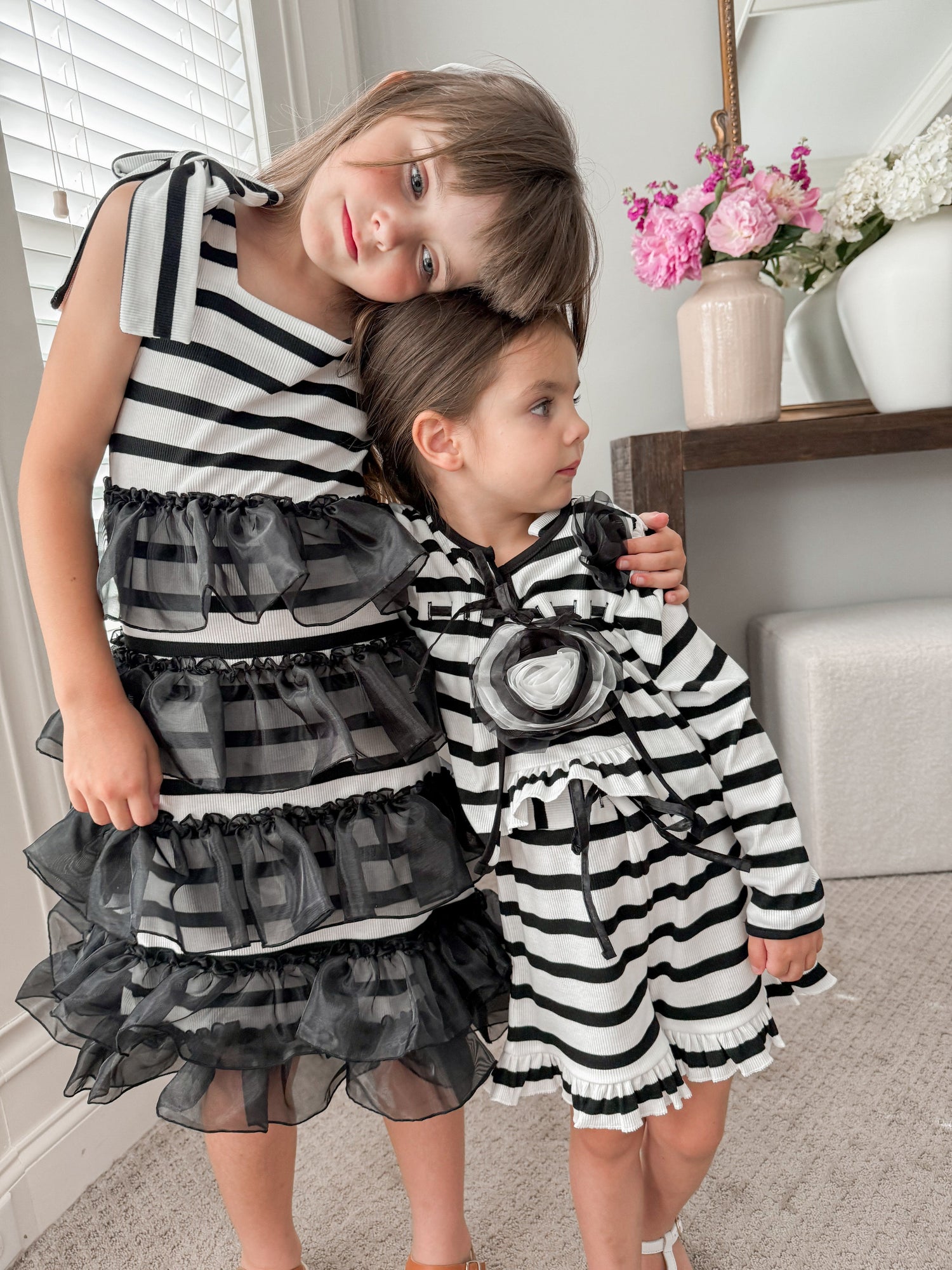 Girls | Monaco and Striped Top and Shorts Set | Black & White
