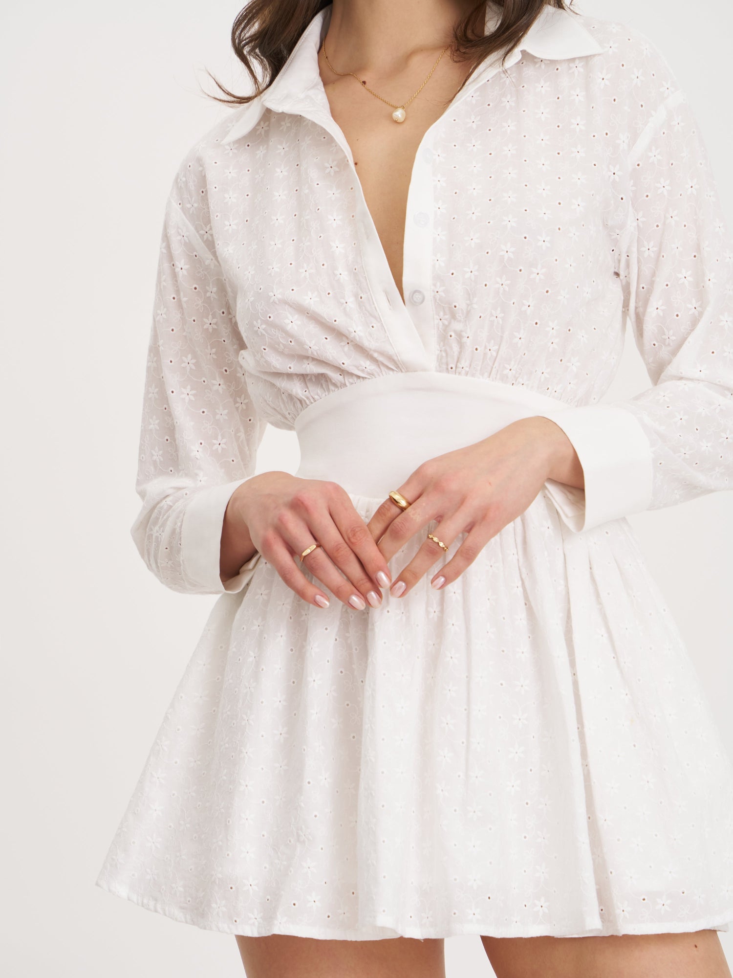 Gabriella Cotton Eyelet Button Up Long Sleeve Shirt Dress | White