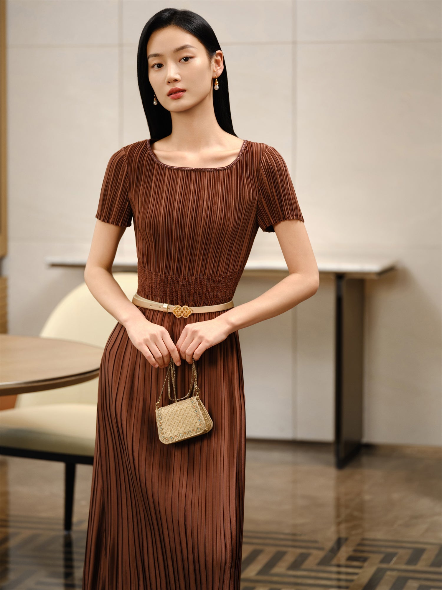 Pleated Waist-Cinched Dress | Brown