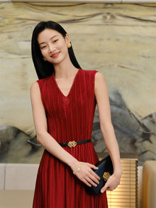 Pleated Waist-Cinched Dress | Red