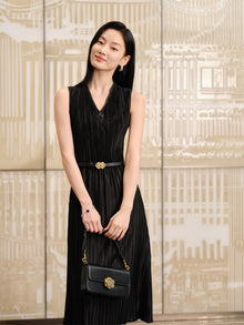Pleated Waist-Cinched Dress | Black