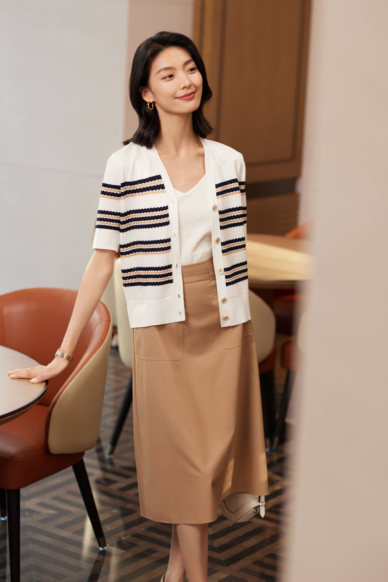 Silk-Viscose Striped Knit Cardigan | White