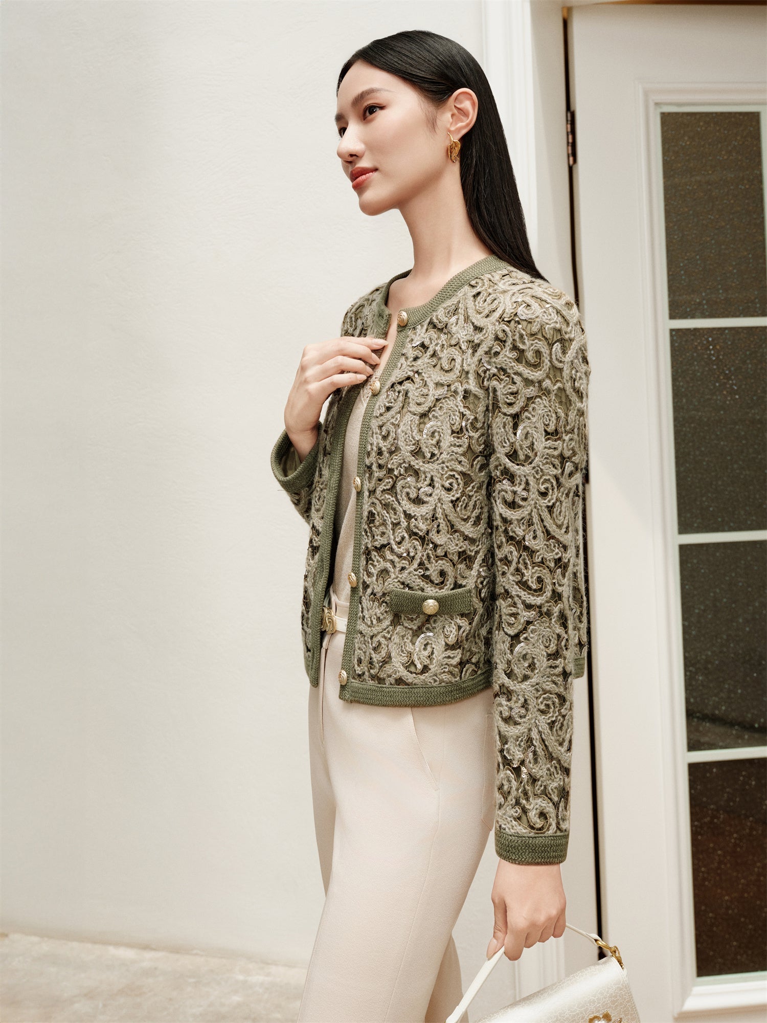 Classic Round Neck Straight-Fit Coat | Green