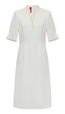 Silk Flower Brocade Dress | White