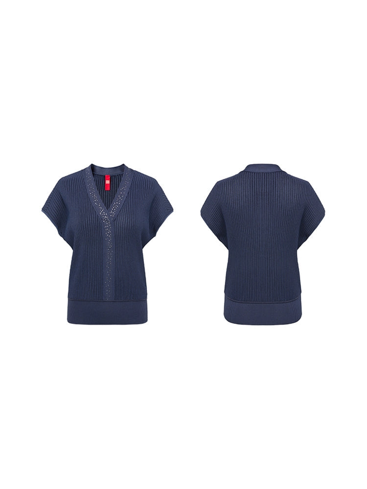 Overlapped V-Neck Knit Sweater | Blue