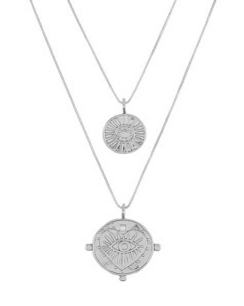 Evil Eye Double Coin Necklace | Silver