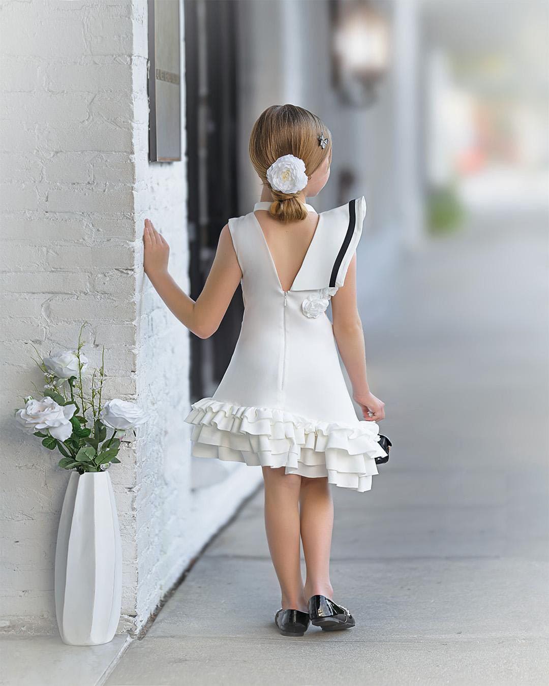 Baby Girls | Alex Ruffle Dress with Contrast Line | White & Black