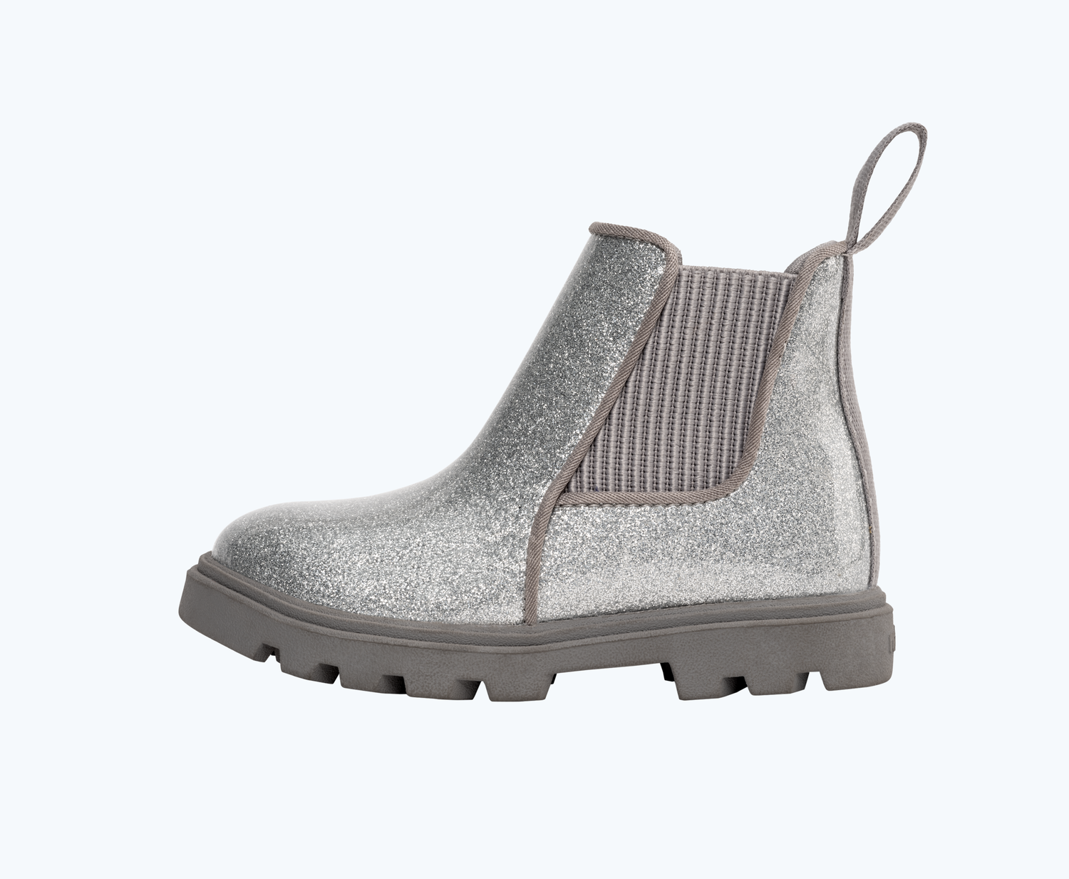 Side view of a Native Shoes Kids Kensington Treklite Glitter Kids | Silver Glitter/ Pigeon Grey Footwear