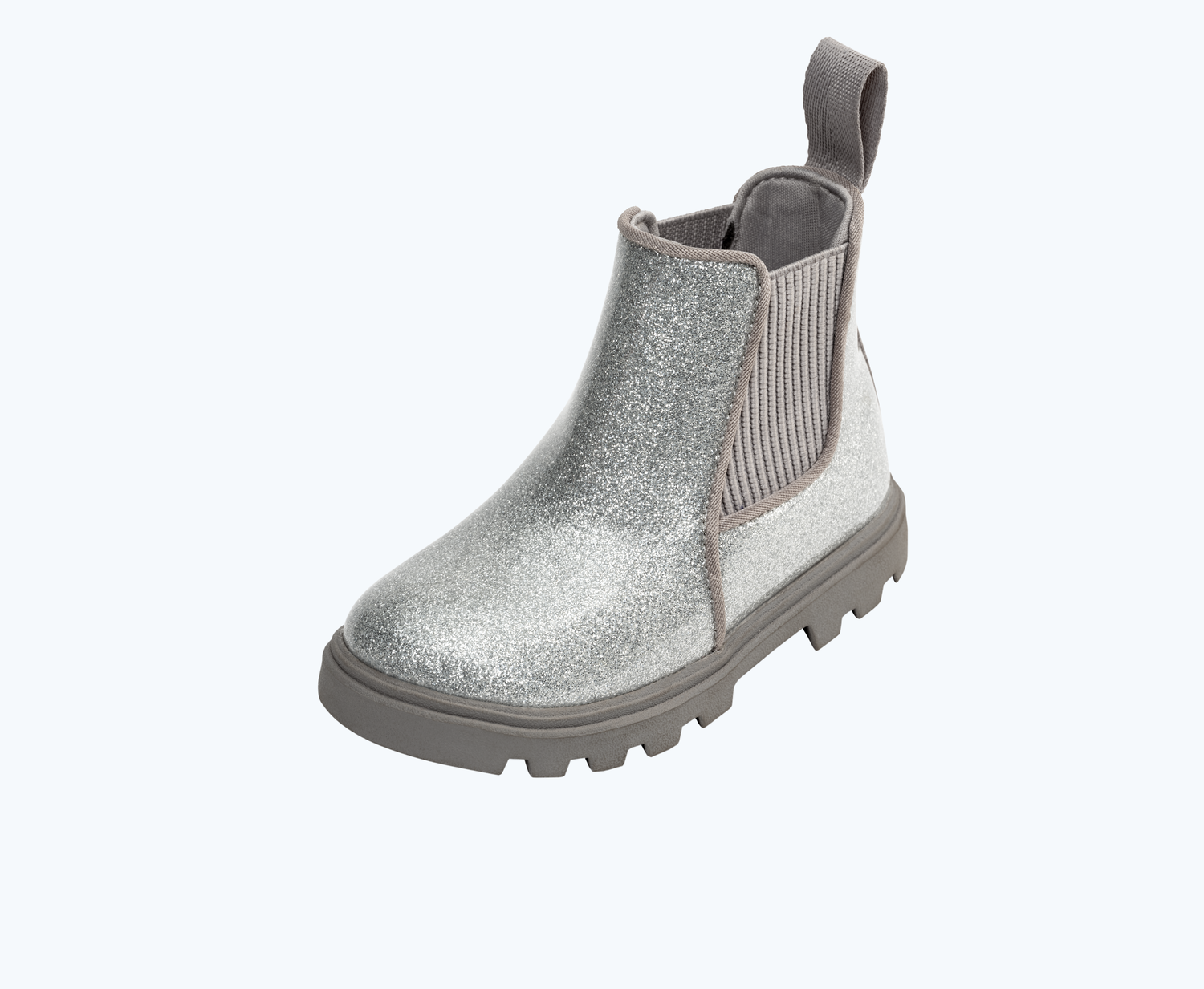 Angled view of a Native Shoes Kids Kensington Treklite Glitter Kids | Silver Glitter/ Pigeon Grey Footwear