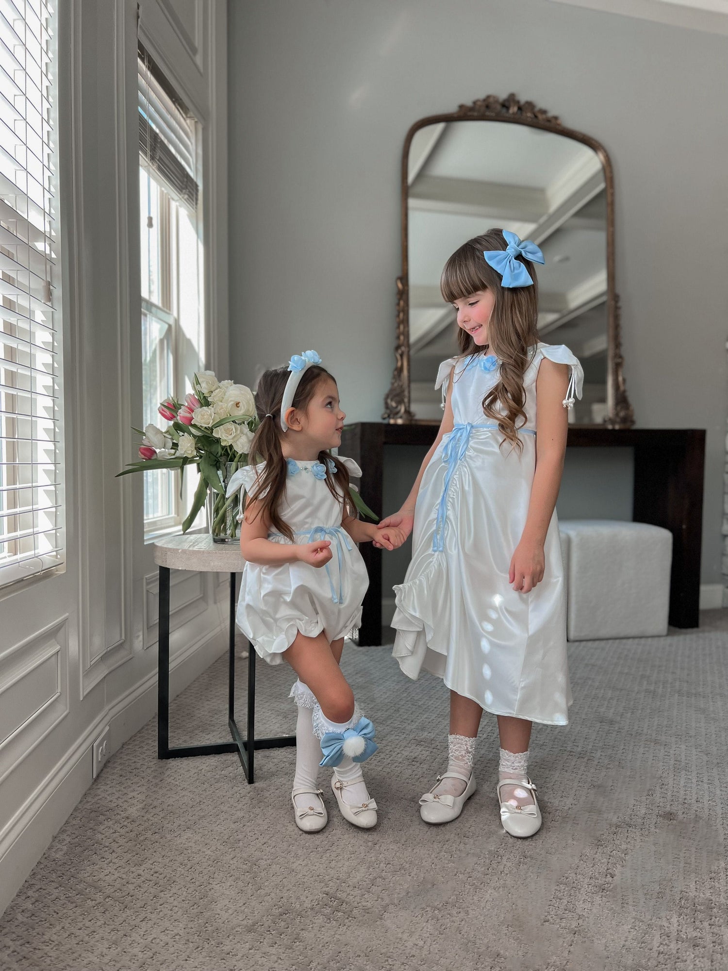 Baby Girls | Daphne Satin Dress with Embroidery | White & Blue