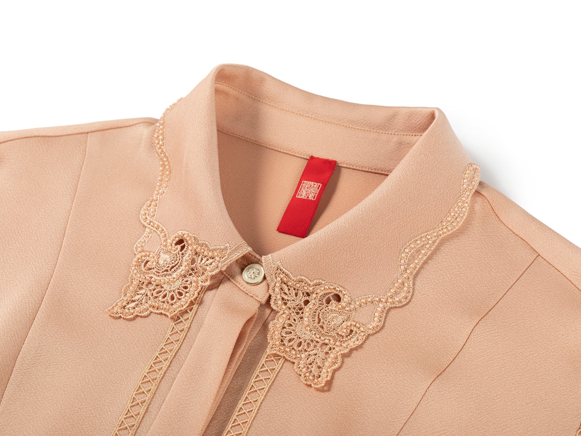 Embroidered Collar Silky Crop Shirt | Camel