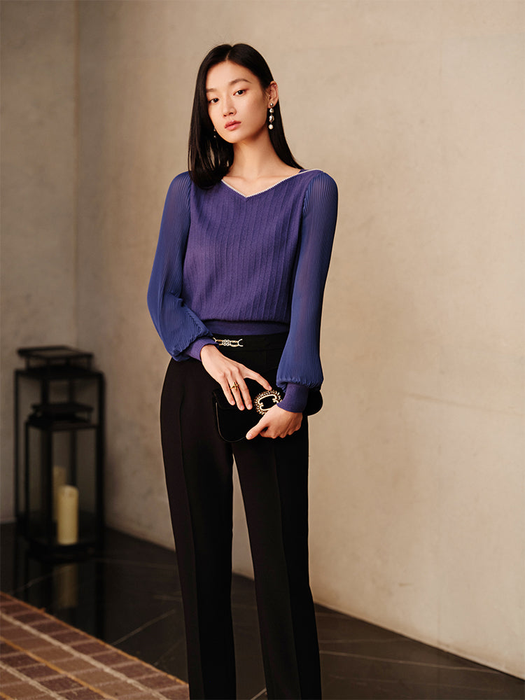 Puff Sleeves Knitted Shirt | Purple