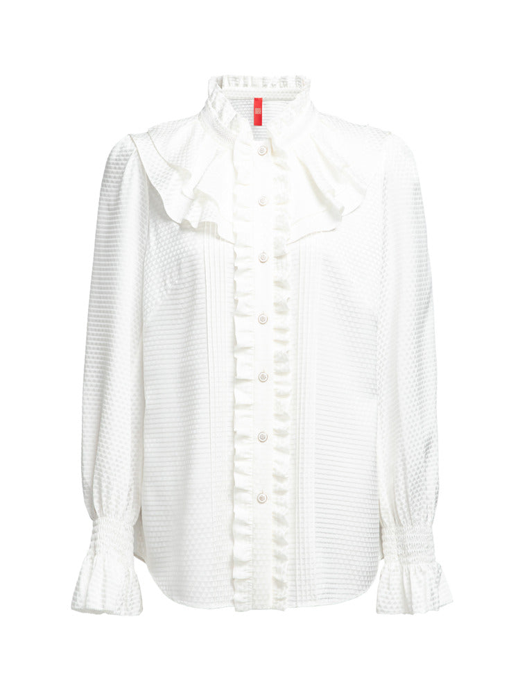 Ruffle-Collar Geometric Jacquard Blouse | White