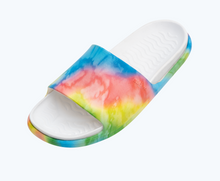 Angled view of a Native Shoes Spencer Lx Print | Shell White/ Shell White/ Rainbow Tie Dye Footwear