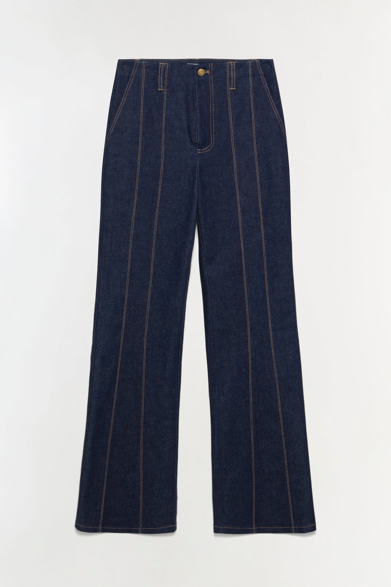 Dark blue denim trousers with vertical tan stitching and a relaxed, wide-leg silhouette.