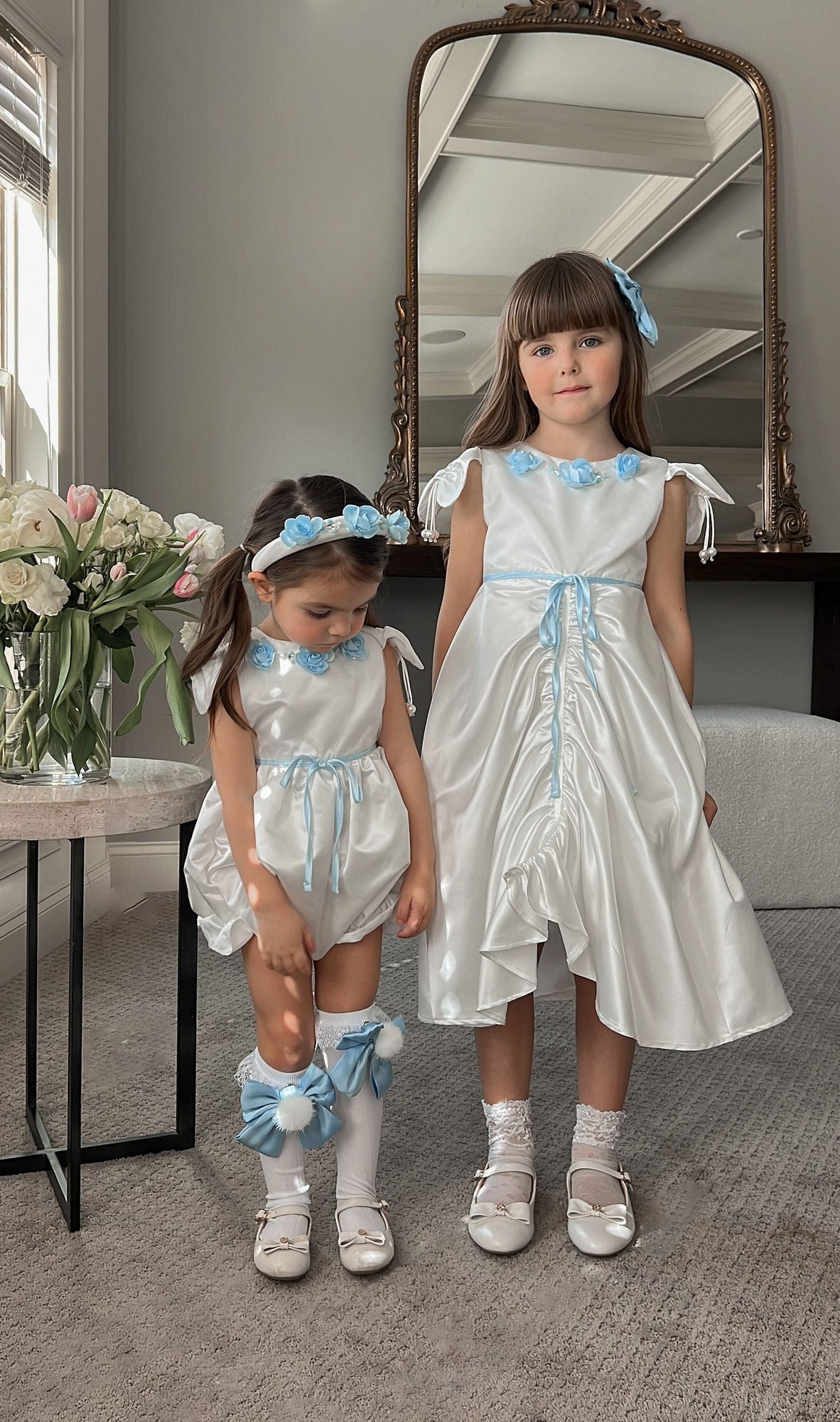 Baby Girls | Daphne Satin Dress with Embroidery | White & Blue