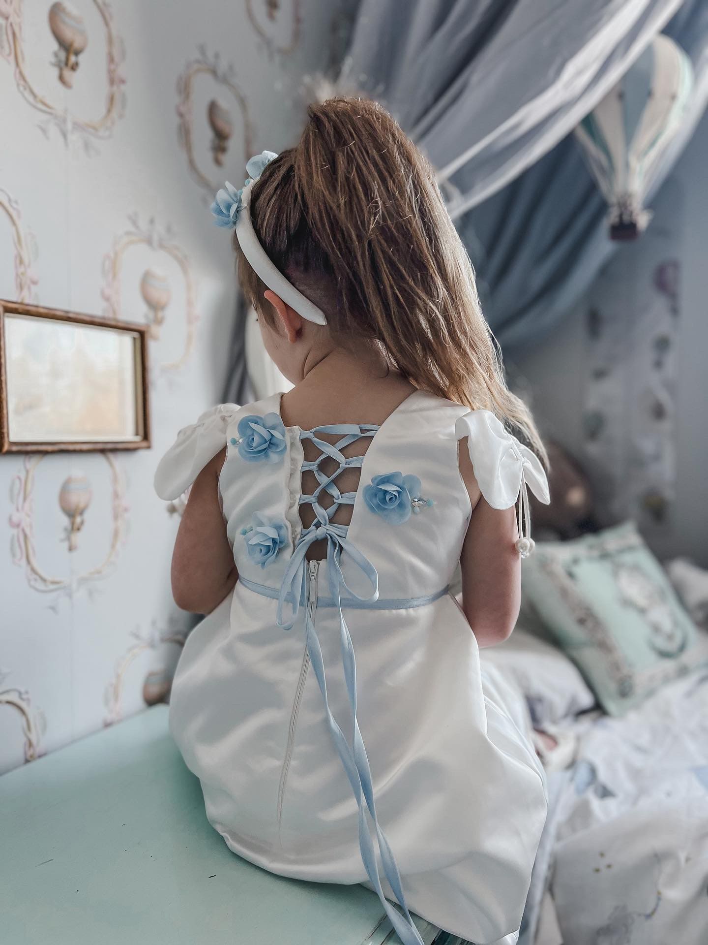 Baby Girls | Daphne Satin Dress with Embroidery | White & Blue
