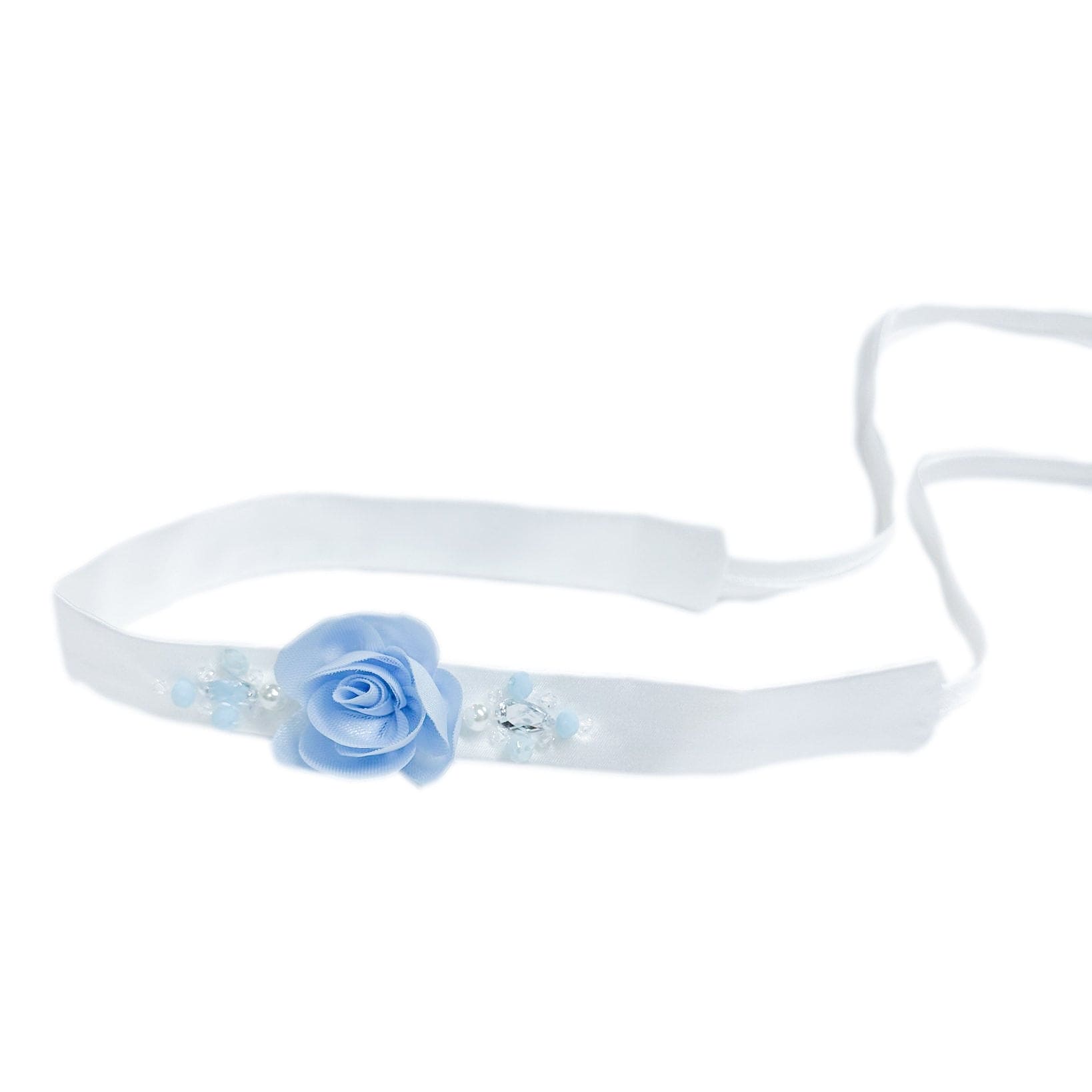 Daphne Satin Hair Sash with Embroidery | White & Blue