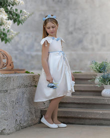 Baby Girls | Daphne Satin Dress with Embroidery | White & Blue
