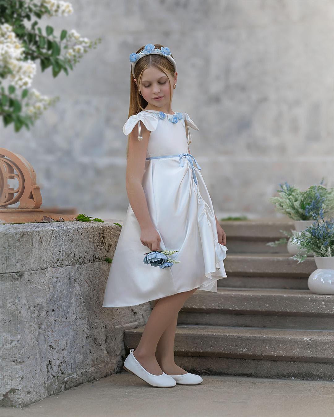 Baby Girls | Daphne Satin Dress with Embroidery | White & Blue