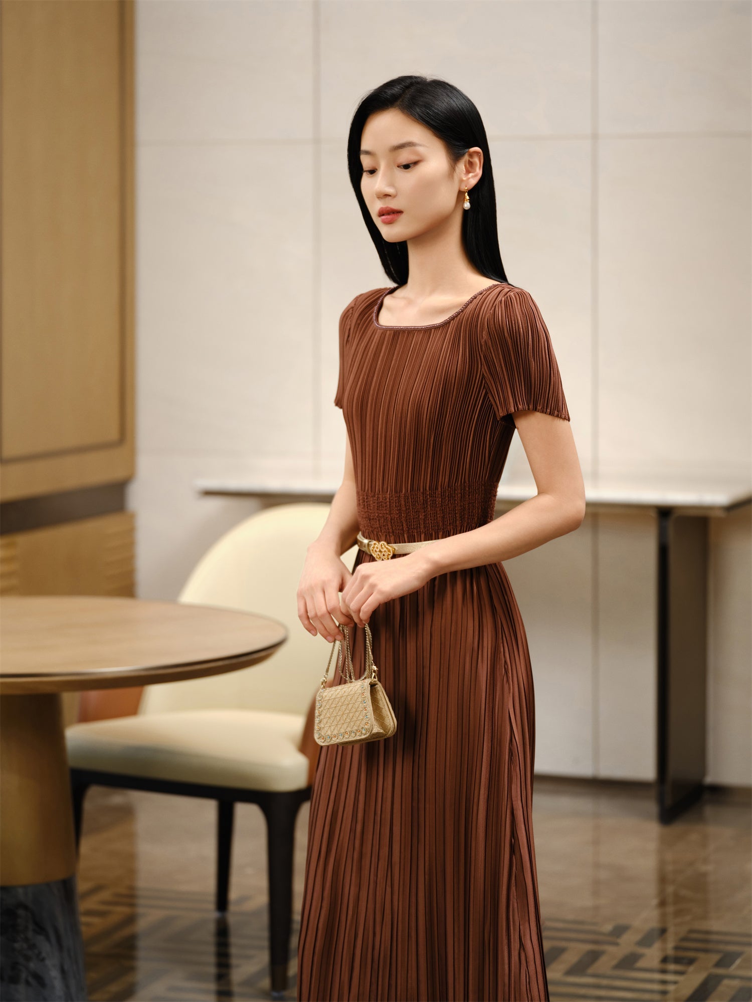 Pleated Waist-Cinched Dress | Brown