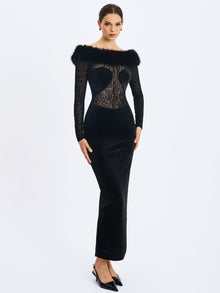 Alexis Velvet Animal Print Fur Boatneck Maxi Dress | Black