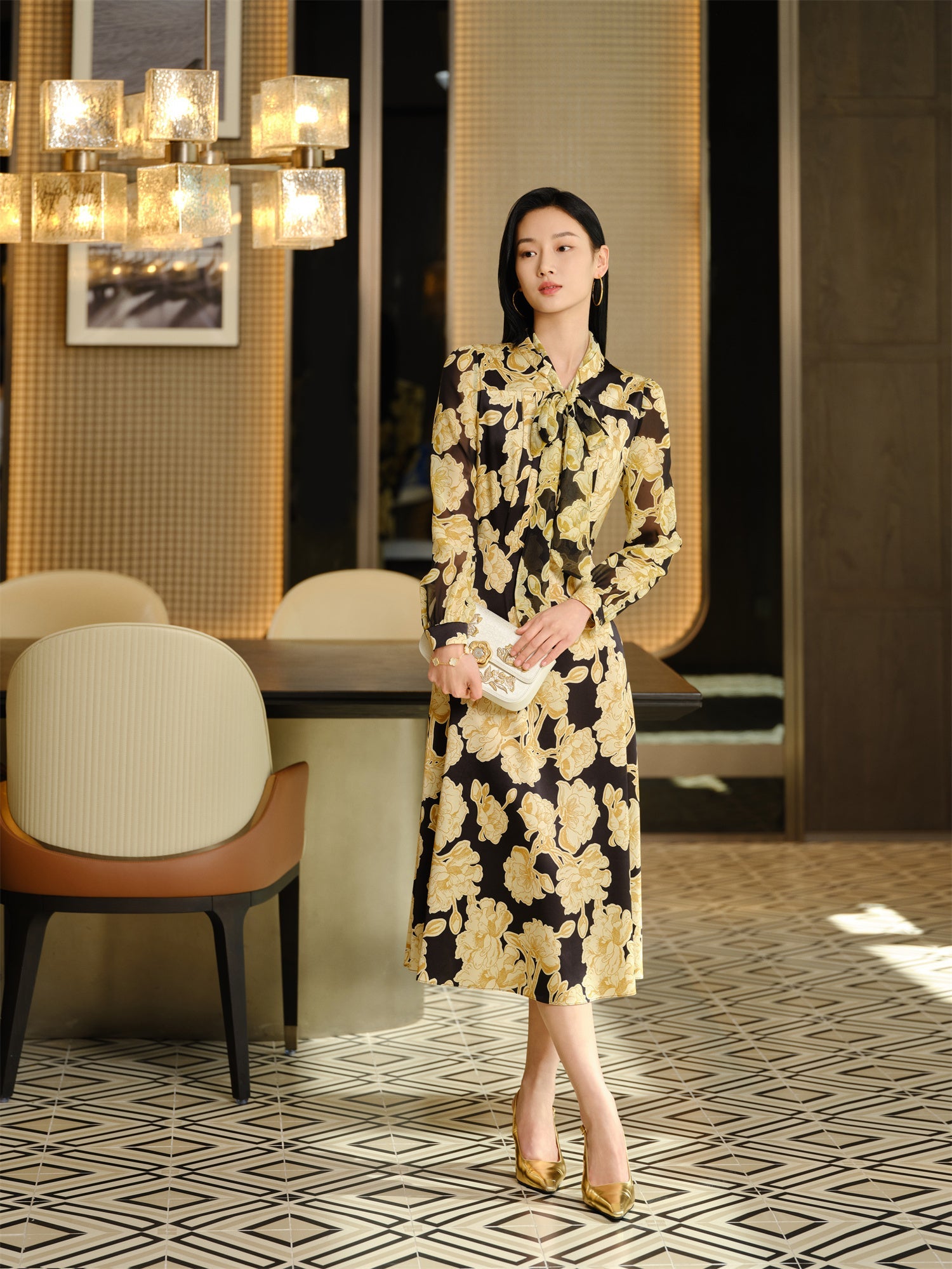 Printed Mulberry Silk Dress | Yellow