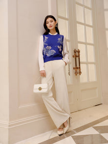 Velvet Pleated Straight Pants | White