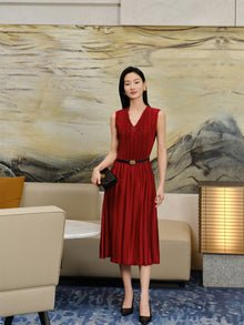 Pleated Waist-Cinched Dress | Red
