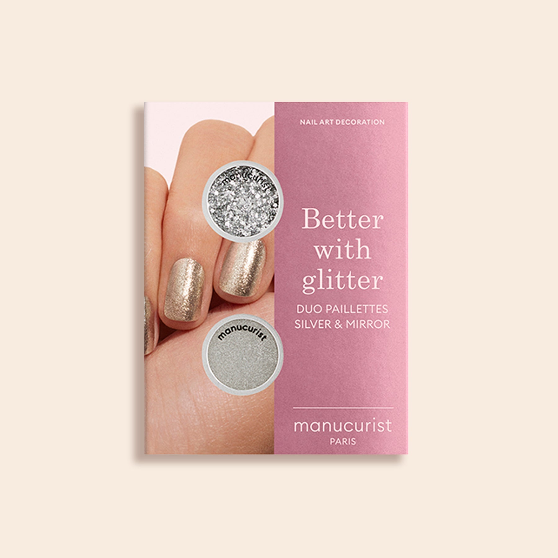 Manucurist Glitters Duo Silver  Mirror nail art set includes pearlescent silver and mirror glitters. The packaging displays the glitter pots and a hand with sparkling nail polish.