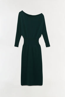 Dark green off-shoulder midi dress with three-quarter length sleeves and fitted waist.