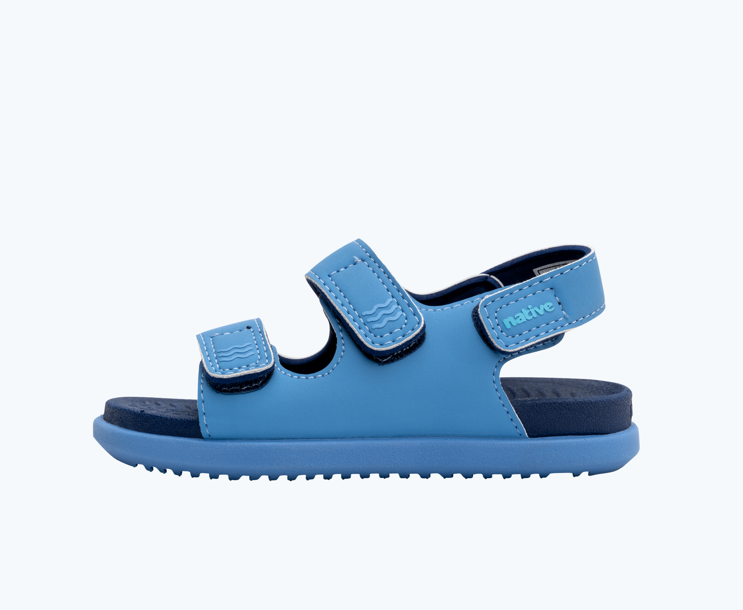 Side view of a Native Shoes Kids Frankie Sugarlite Kids | Resting Blue/ Regatta Blue/ Resting Blue Footwear