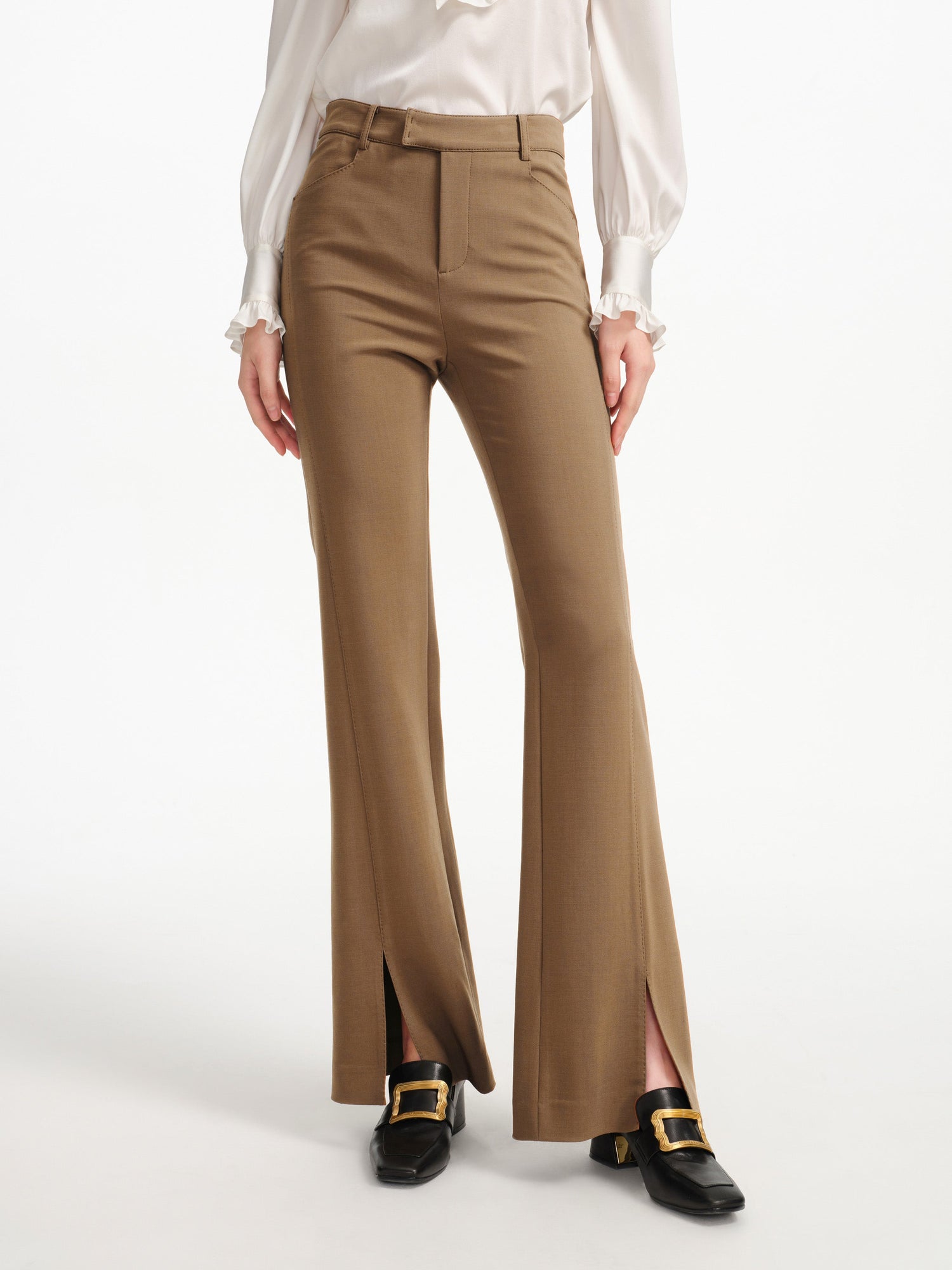 Fine Knitted Front Slits Pants | Brown