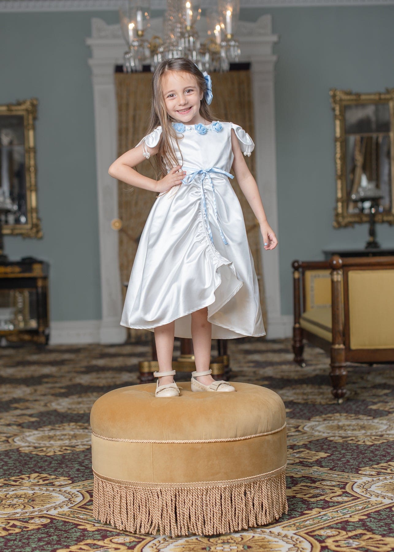 Baby Girls | Daphne Satin Dress with Embroidery | White & Blue