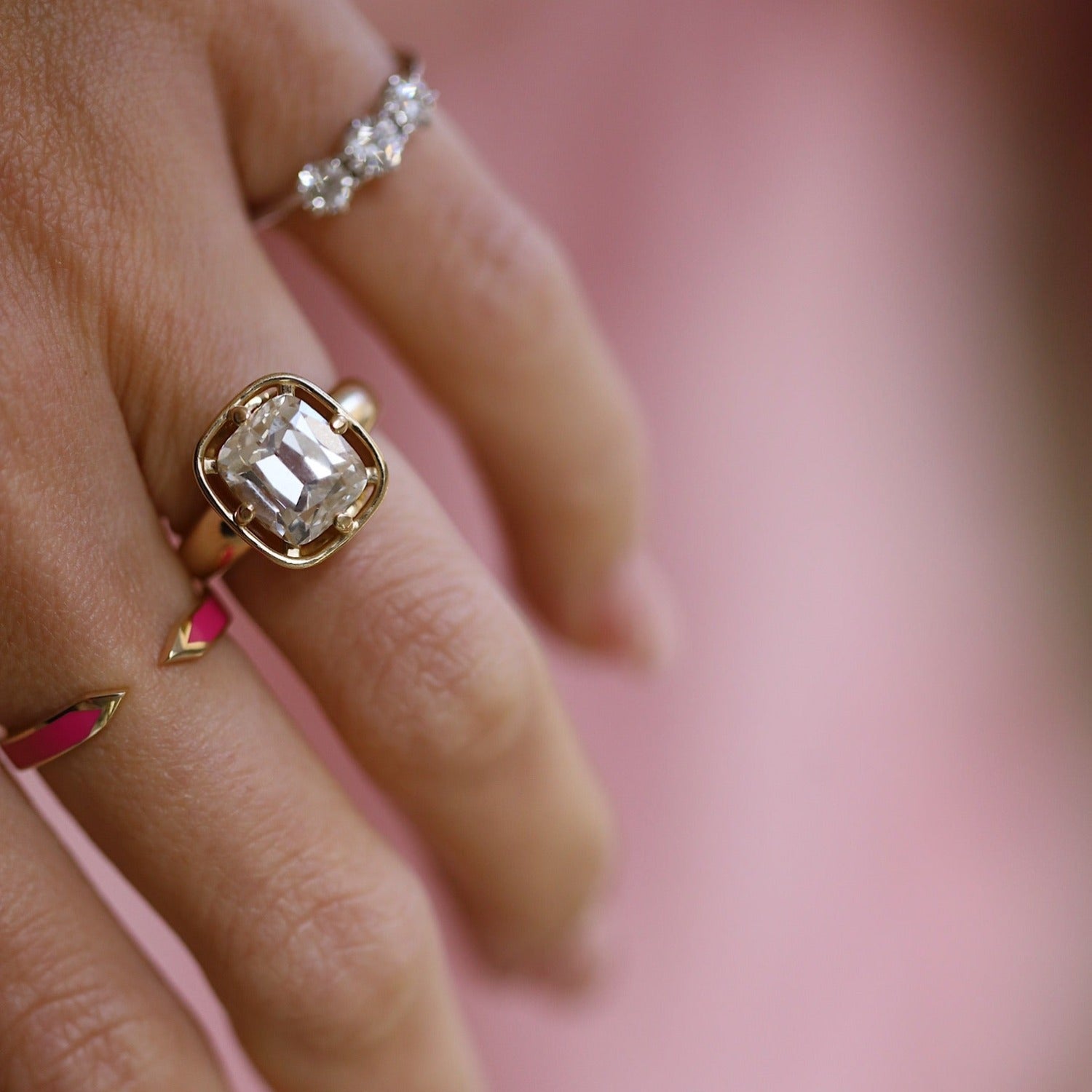 Women | Open Shank Ring – Pink Enamel | 14k Yellow Gold