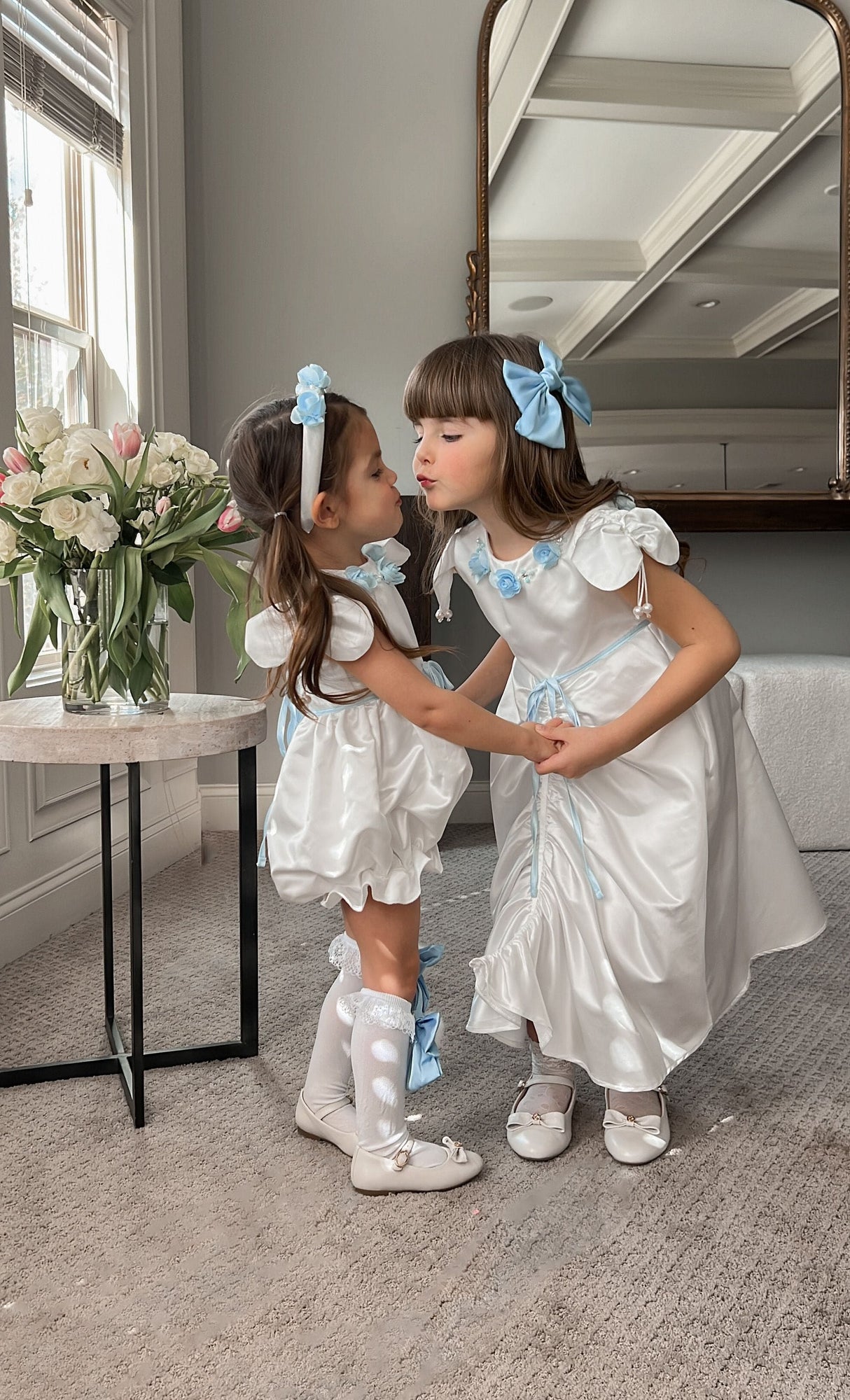 Baby Girls | Daphne Satin Romper with Embroidery | White & Blue