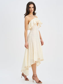 Idra Lace Trim Sleeveless Crochet Midi Trailing Dress | Beige