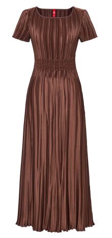 Pleated Waist-Cinched Dress | Brown