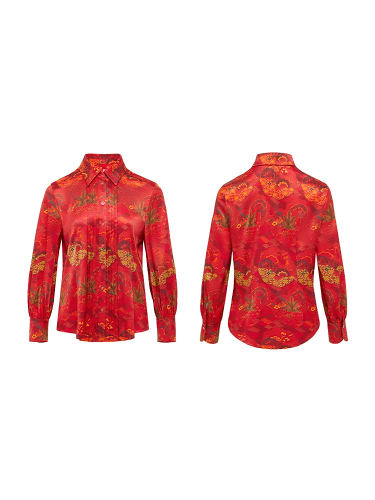 Chinese-style Printed Belted Blouse | Red