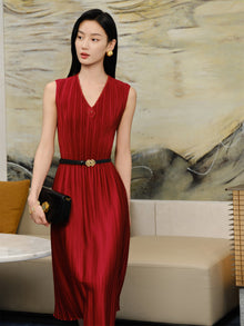 Pleated Waist-Cinched Dress | Red