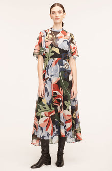Botanical Garden Silk Flutter Sleeve Dress | Botanical Garden Black Combo