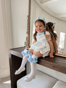 Baby Girls | Daphne Satin Romper with Embroidery | White & Blue