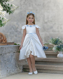 Baby Girls | Daphne Satin Dress with Embroidery | White & Blue